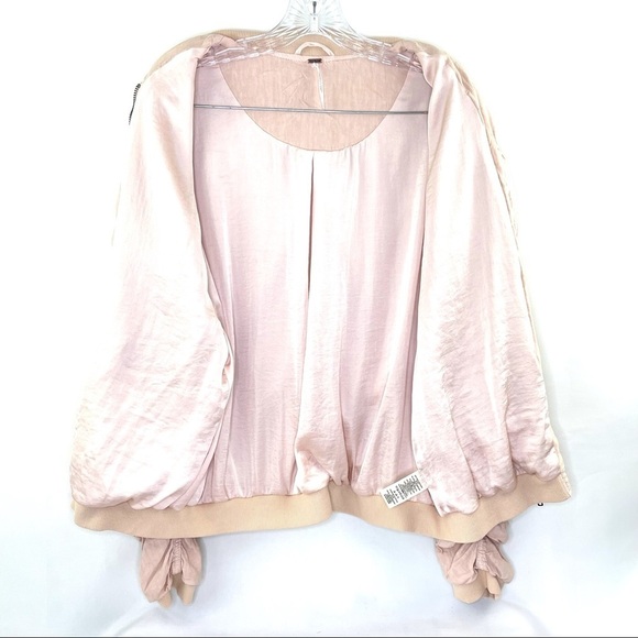 Free People Light Blush Pink Ruched Linen Bomber Zip Up Jacket Sz Small - Picture 7 of 8